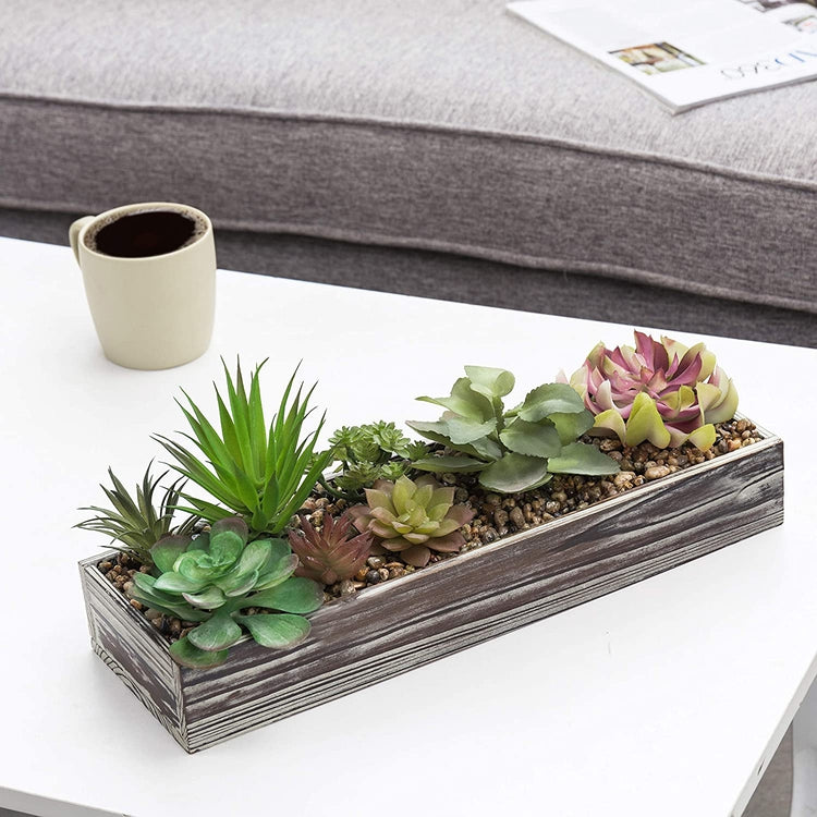 Assorted Artificial Fake Plant Arrangement in Rectangular Torched Wood Planter Pot-MyGift