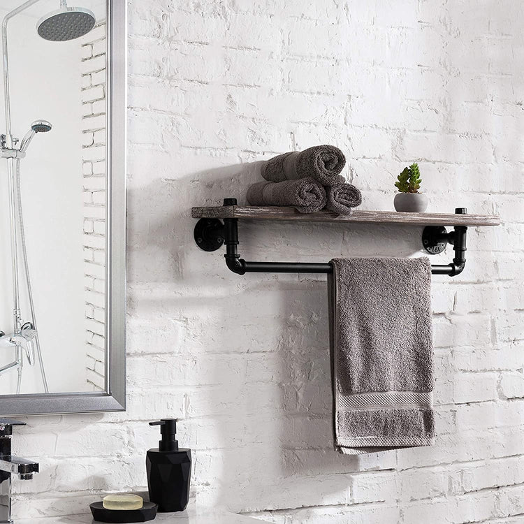 Wall Mounted Rustic Torched Wood Shelf and Industrial Pipe Towel Bar