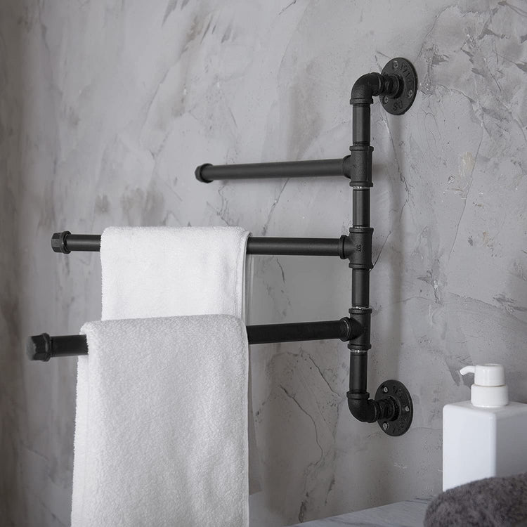 Swivel Arm Towel Rack Black Wall-Mounted Industrial Pipe, 3-Arm