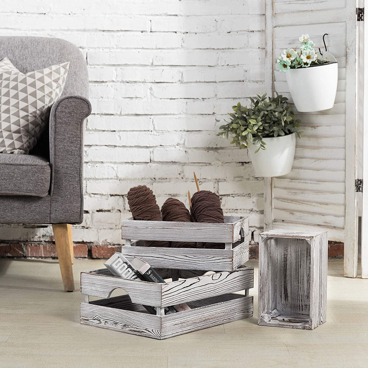 Set of 3, 16 x 12 Inch Nesting Rustic Whitewashed Wood Storage & Accent Crates-MyGift