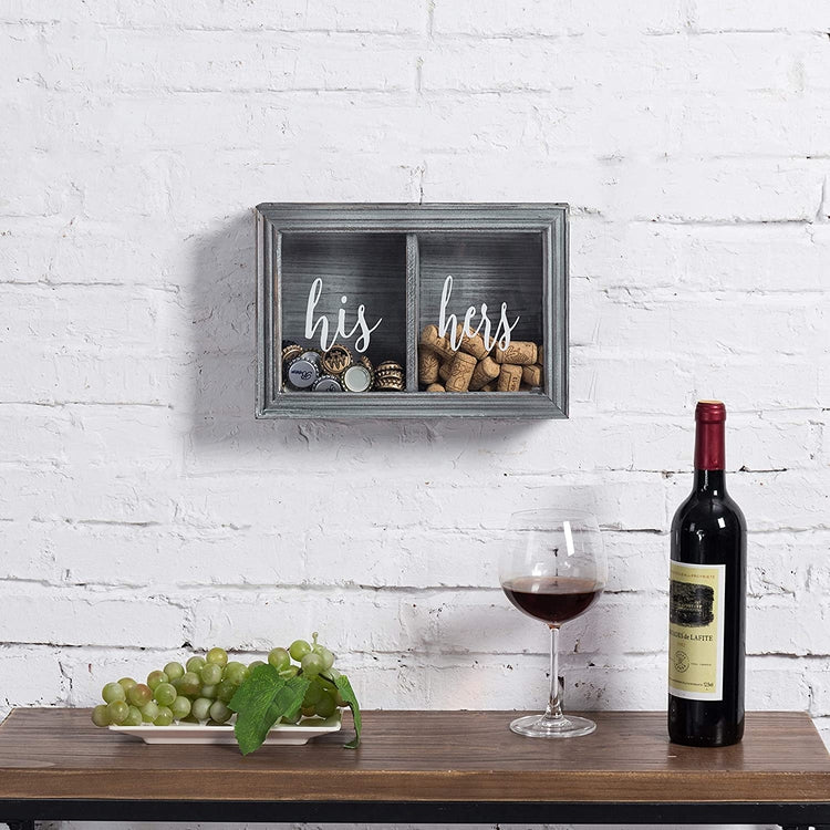 Gray Wood His & Hers Wall Mounted Wine Cork and Beer Cap Holder Shadow Box-MyGift