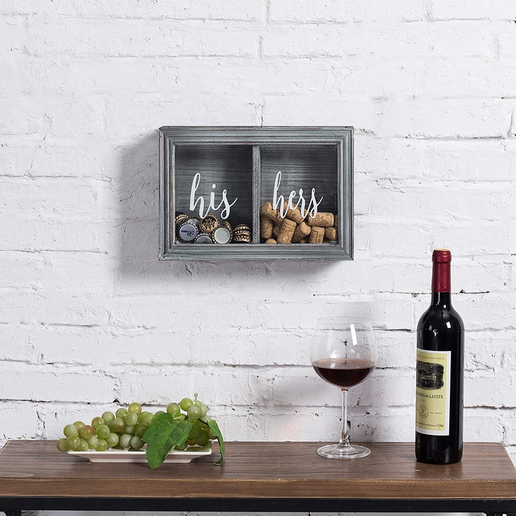 Gray Wood His & Hers Wall Mounted Wine Cork and Beer Bottle Cap Holder Shadow Box
