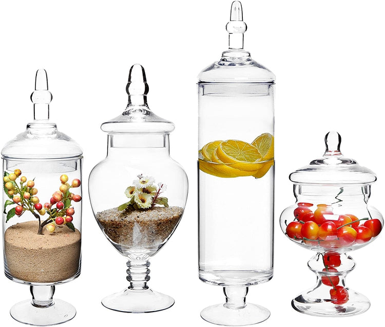 Large Clear Glass Lid Apothecary Jars, Candy Buffet, Wedding Centerpiece, Set of 4