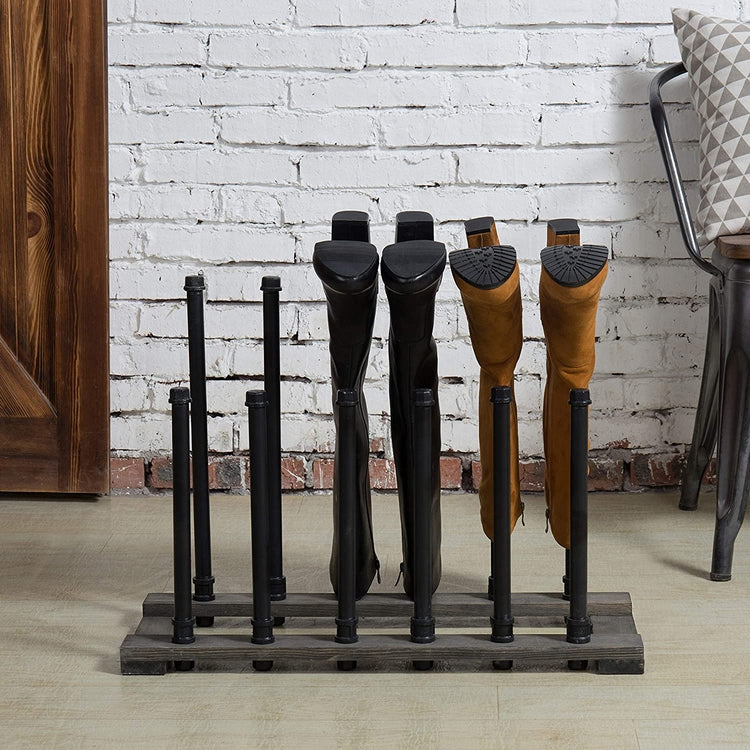 Black Metal Pipe & Grey Wood Freestanding Boot Holder, 6 Pair Shoe Storage Rack-MyGift