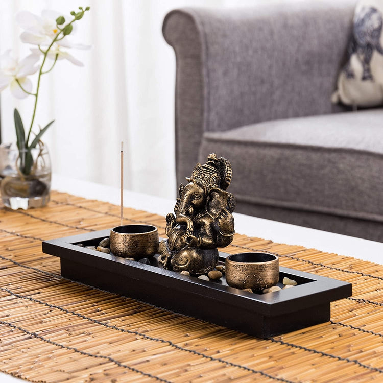Ganesh Statue Incense Stick Burner Tray with Candle Holders-MyGift