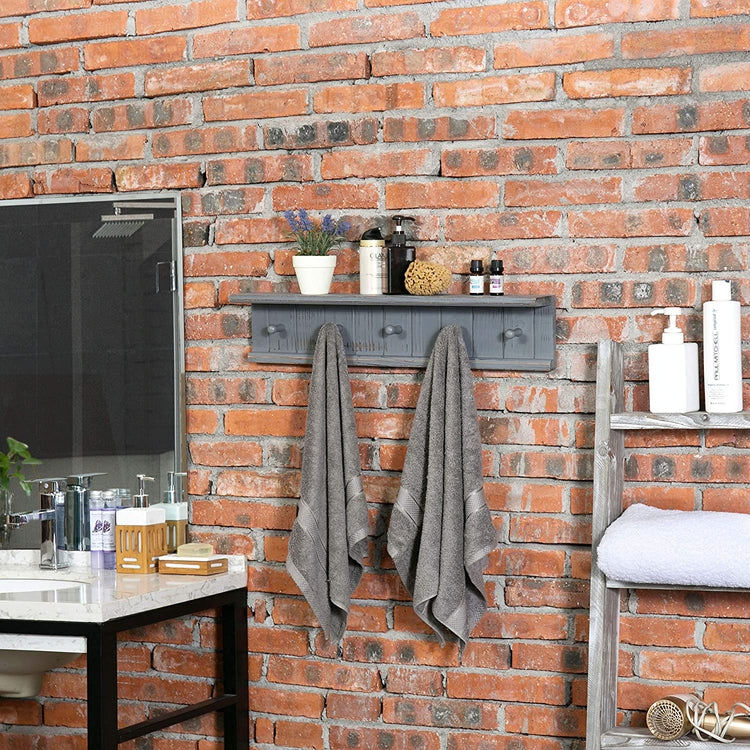 5-Hook Dark Grey Wall Mounted Floating Bathroom Shelf and Towel Rack-MyGift