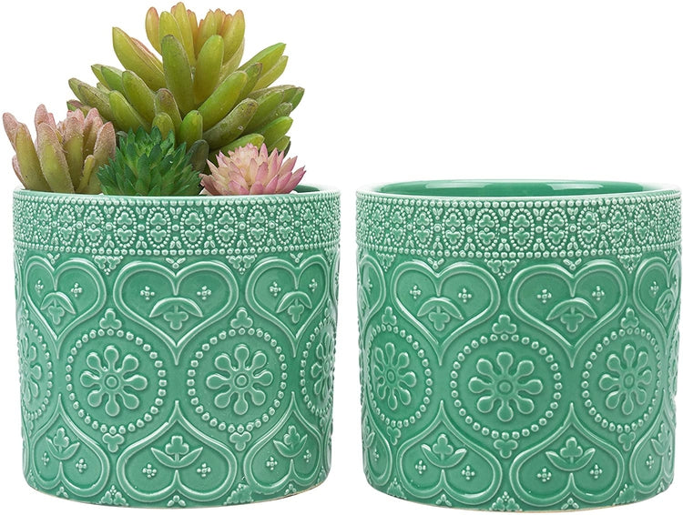 2 Pack of 4-Inch Aqua Green Ceramic Floral Embossed Succulent Planter Pots, Pots for Indoor Plants-MyGift