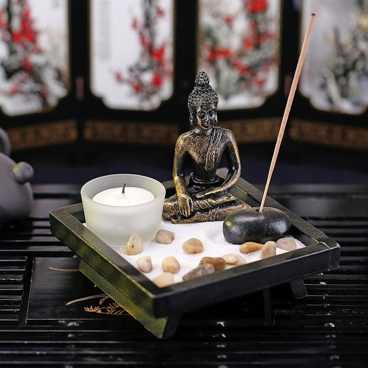 Mini Zen Rock Garden w/ Buddha Statue, Black Wood Incense & Tealight Candle Holder-MyGift