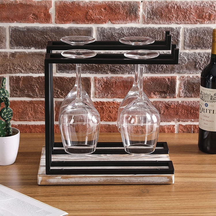 Industrial Metal Tabletop Wine Glass Holder Stand with 2 Hanger Bars, Countertop Stemware Drinking Glasses Hanging Rack