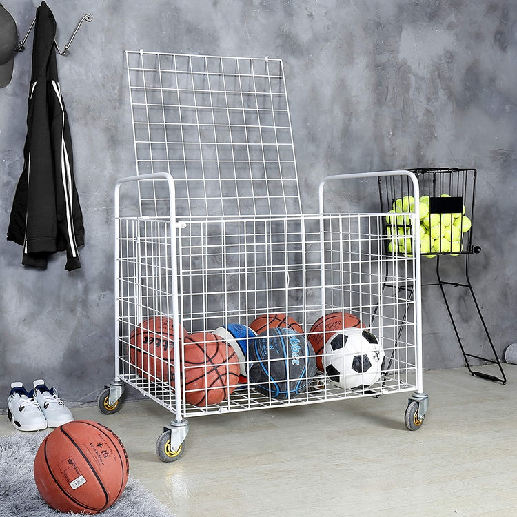 White Standard Multi Sports Rolling Ball Metal Storage Bin For Basketball, Football, Soccer Portable Equipment Cart