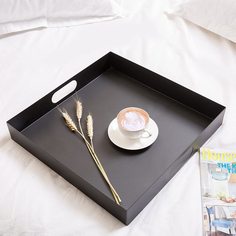 Black 16 inch Matte Square Metal Serving Tray with Oval Cutout Handles