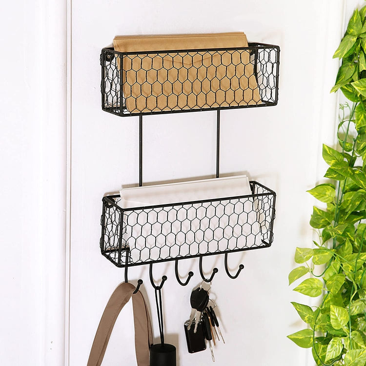 2 Tier Wall Mounted Black Metal Chicken Wire Hanging Baskets with 5 Key Hooks