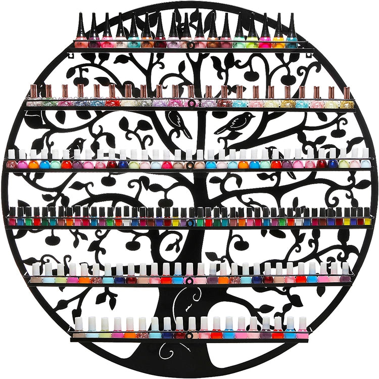 Ornate Bird and Tree Design Black Metal 6-Tier Nail Polish Holder