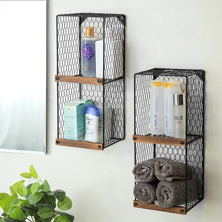 2-Tier Black Chicken Wire Metal Hanging Wall Shelves for Storage with –  MyGift