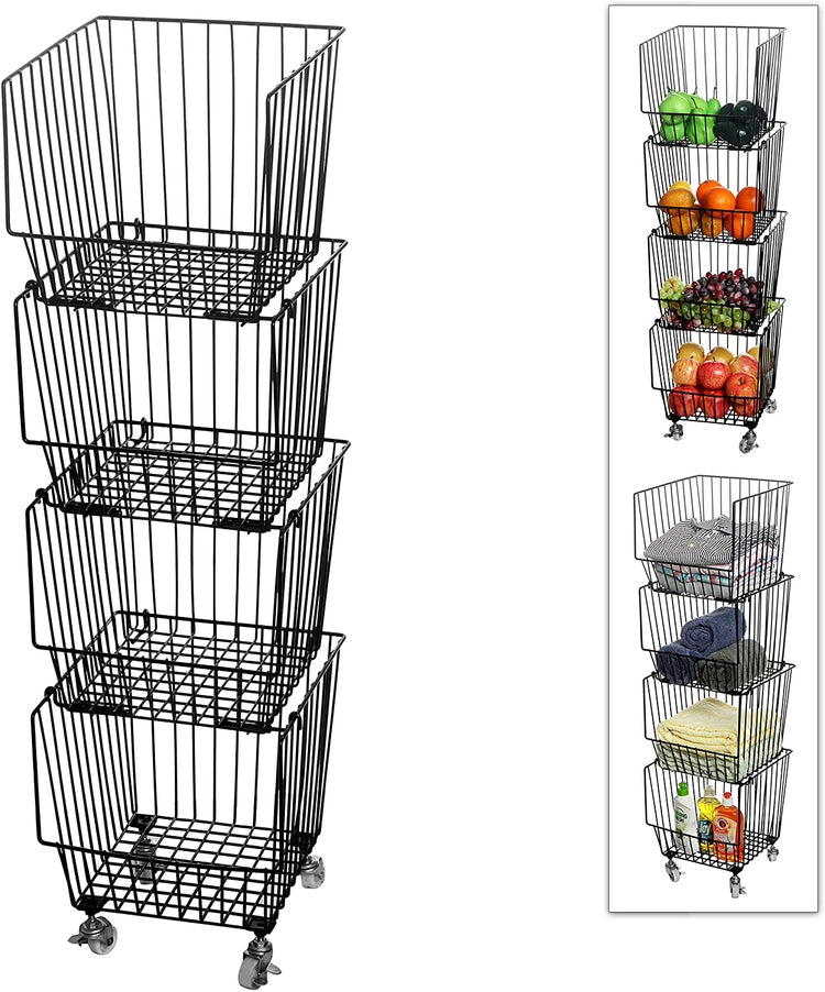 4Tier Black Metal Wire Stackable Storage Baskets with Wheels, Rolling MyGift