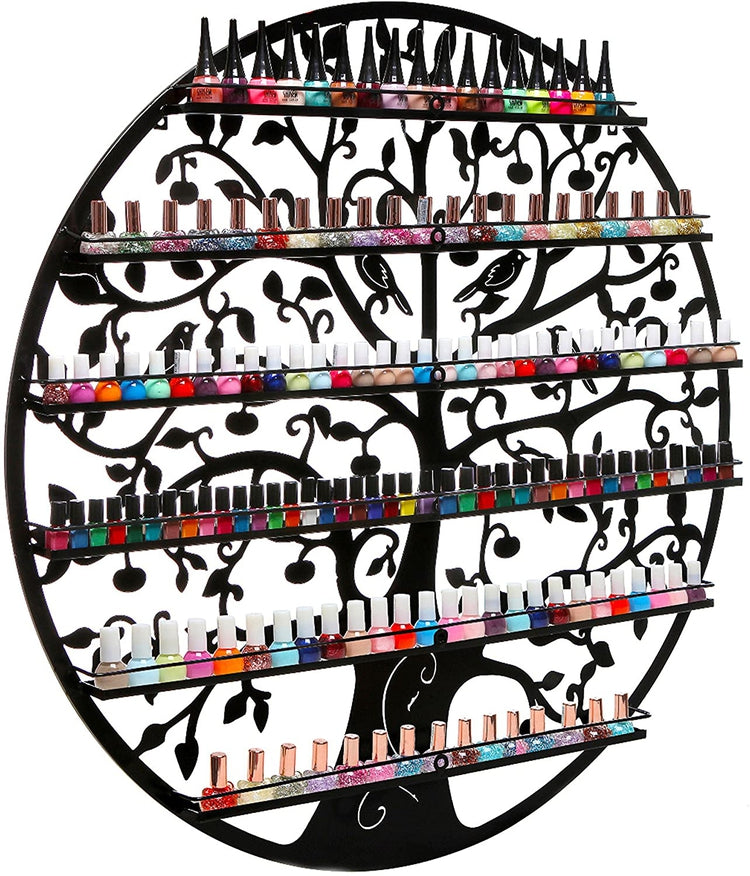 Ornate Bird and Tree Design Black Metal 6-Tier Nail Polish Holder, Wall Mounted Display Rack-MyGift