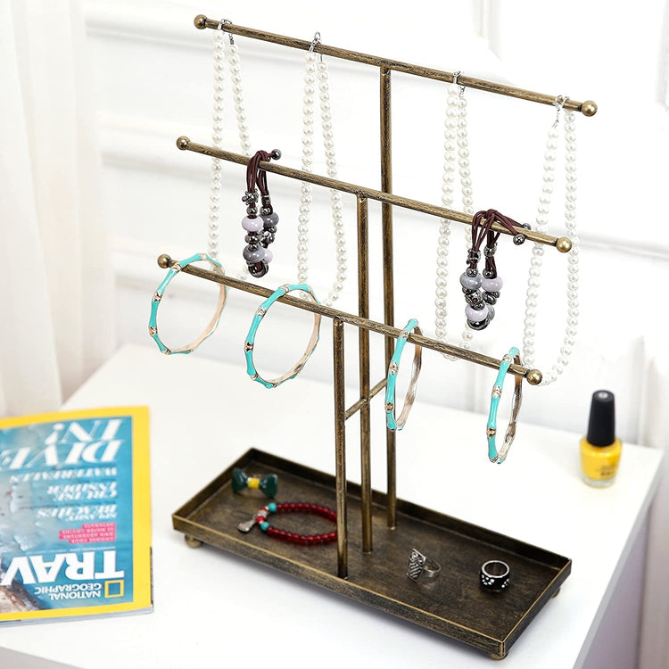 3 Tier Metal Rod Jewelry Display Stand in Antique Matte Brass Finish with Ring Tray-MyGift