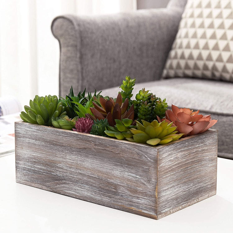 12-Inch Artificial Mixed Succulent Plants Arrangement in Rectangular Rustic Wood Planter Box-MyGift