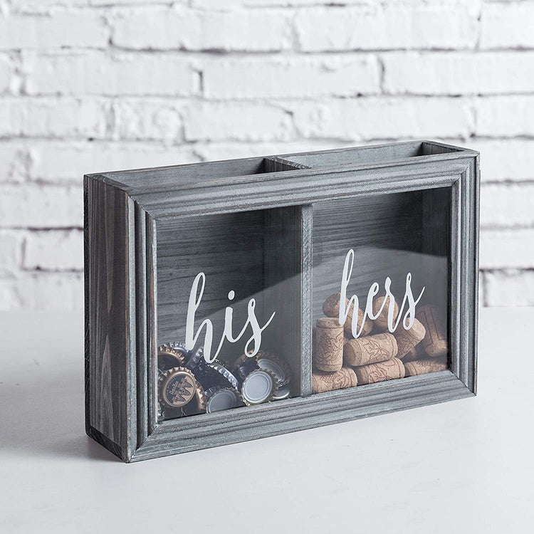 Gray Wood His & Hers Wall Mounted Wine Cork and Beer Cap Holder Shadow Box-MyGift