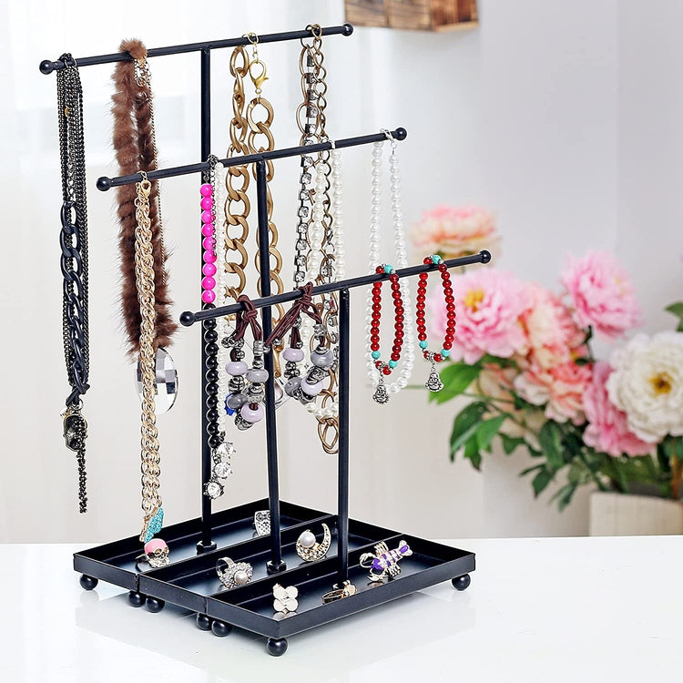 Set of 3 Modern Black Metal Jewelry Display Tree Rack with Ring Tray, Tabletop Bracelet and Necklace Organizer