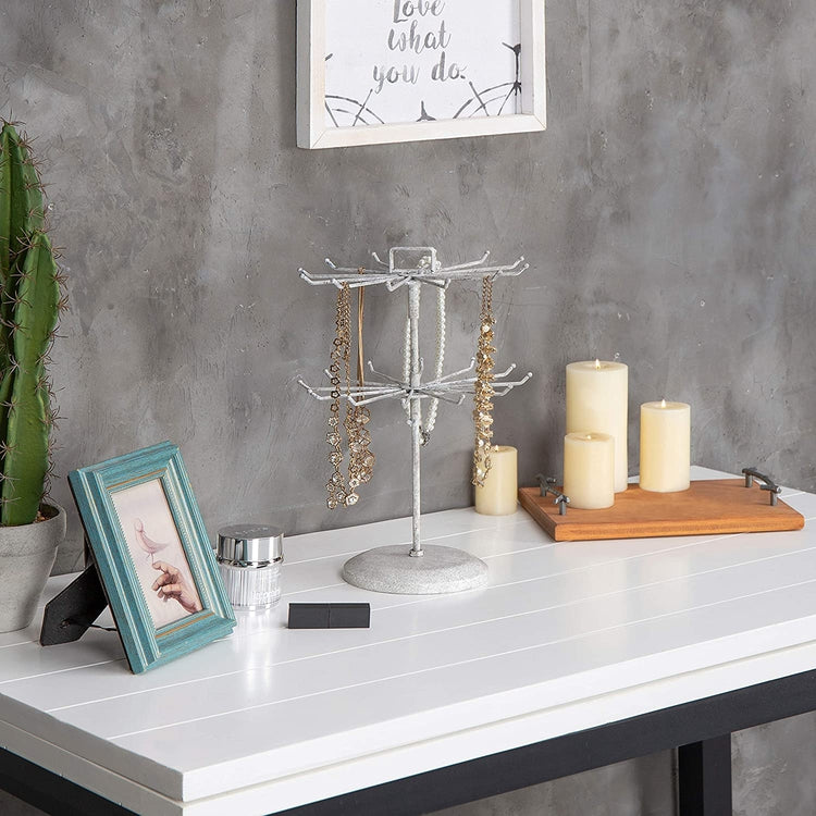 White Metal Jewelry Organizer Tower, Vintage Necklace Tree Stand with Hairclip Holder