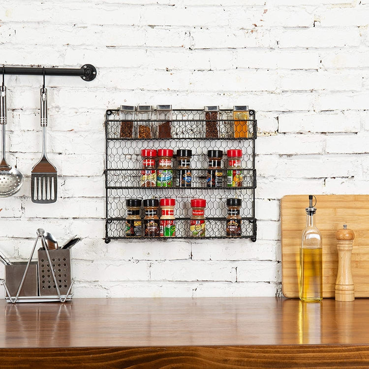 3 Tier Industrial Spice Rack, Matte Black Metal and Burnt Wood