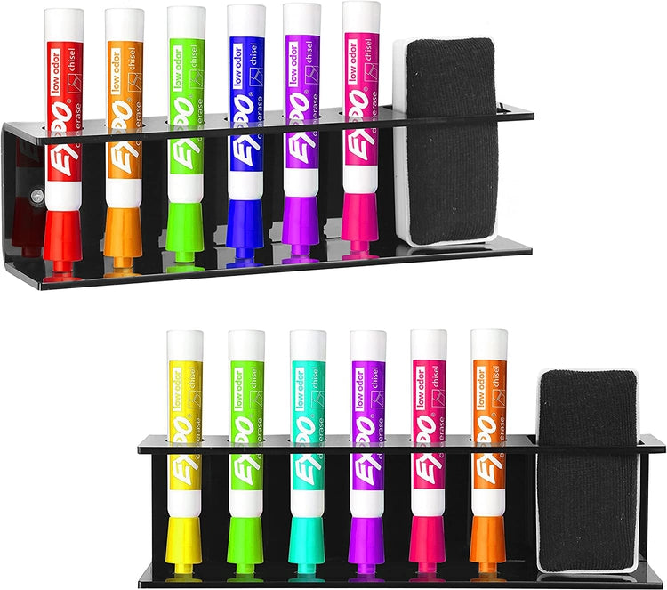 Set of 2 Black Acrylic 6 Slot Dry Erase Marker and Eraser Holder Wall Mountable Organizer Rack-MyGift