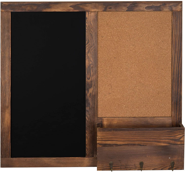 Wall Mounted Chalkboard with Key Hooks and Cork Board, Rustic Dark Brown Wood Mail Sorter-MyGift