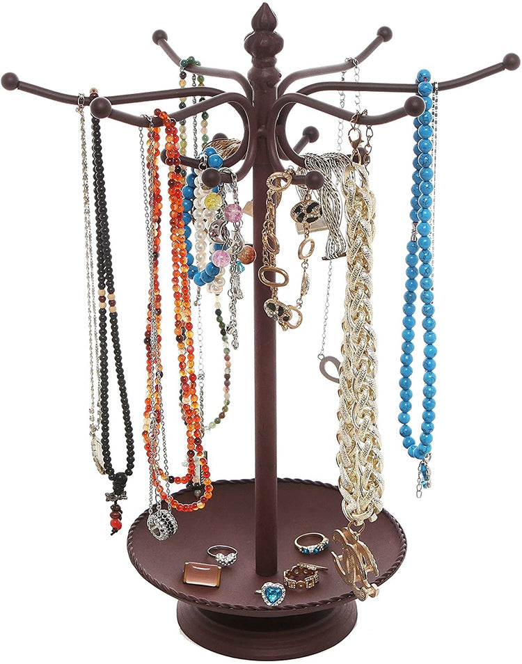 Brown 12 Hook Metal Jewelry Organizer Tree with Ring Dish Tray, Vintag