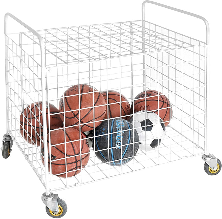White Standard Multi Sports Rolling Ball Metal Storage Bin For Basketball, Football, Soccer Portable Equipment Cart-MyGift