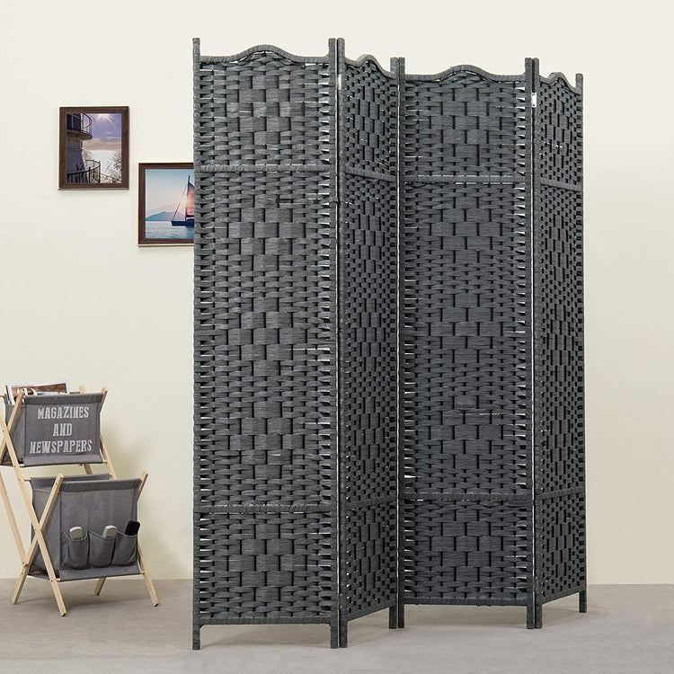 Gray Freestanding Bamboo Woven Folding Room Divider w/4-Panels-MyGift