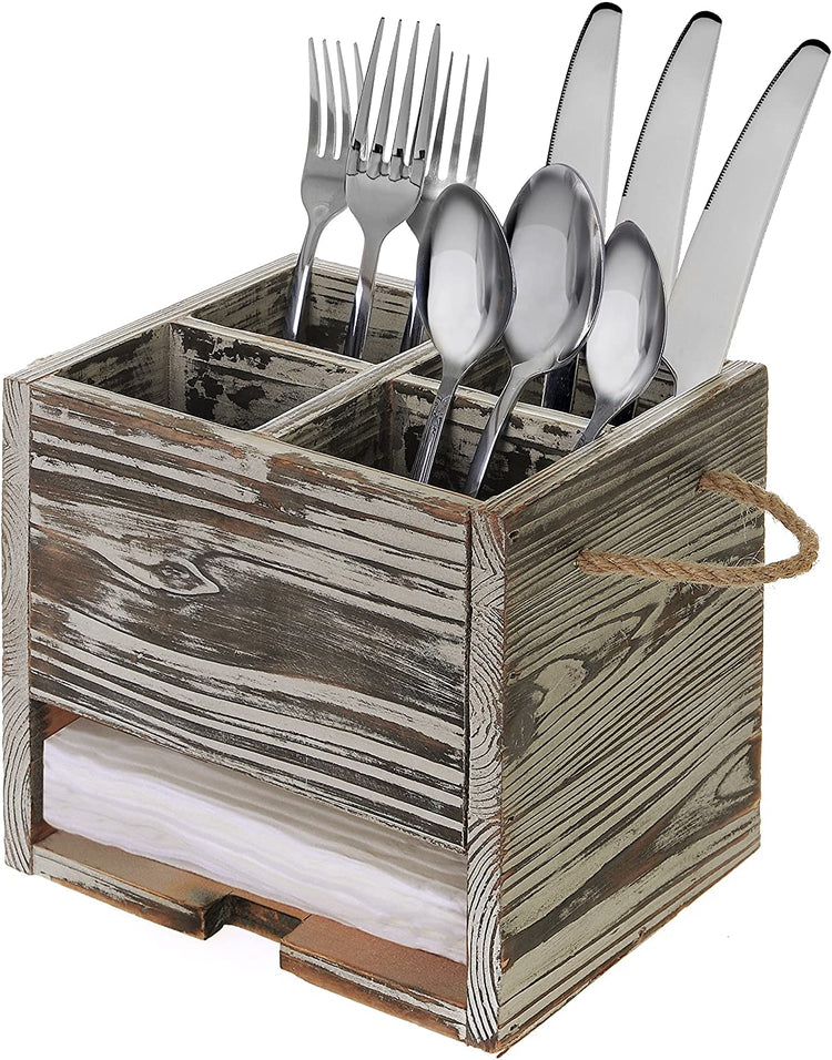 4 Compartment Rustic Torched Wood Kitchen Dining Utensil Organizer Caddy with Napkin Cutlery Holder-MyGift