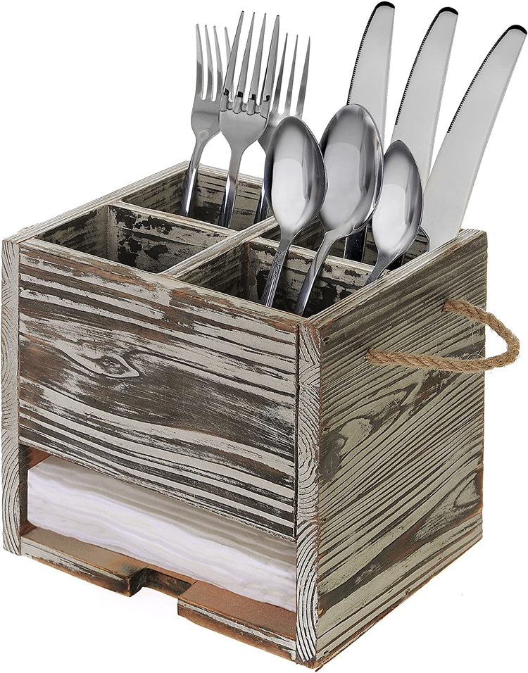4 Compartment Rustic Torched Wood Kitchen Dining Utensil Organizer Caddy with Napkin Holder
