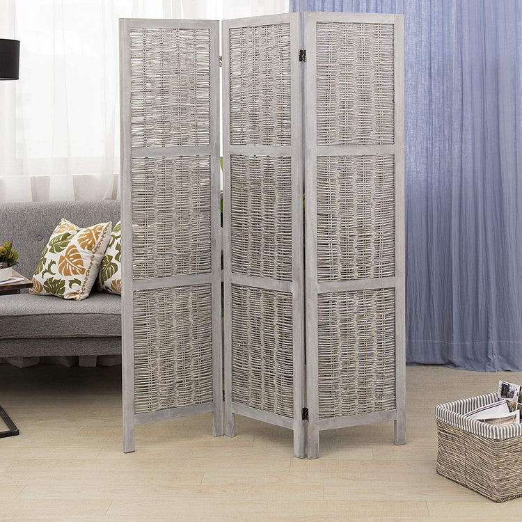 Woven 3-Panel Vintage Gray Wood Room Divider w/ Dual-Hinges