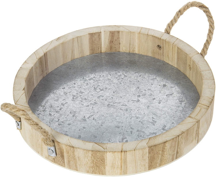 12-Inch Paulownia Wood and Galvanized Metal Round Serving Tray with Rope Handles-MyGift