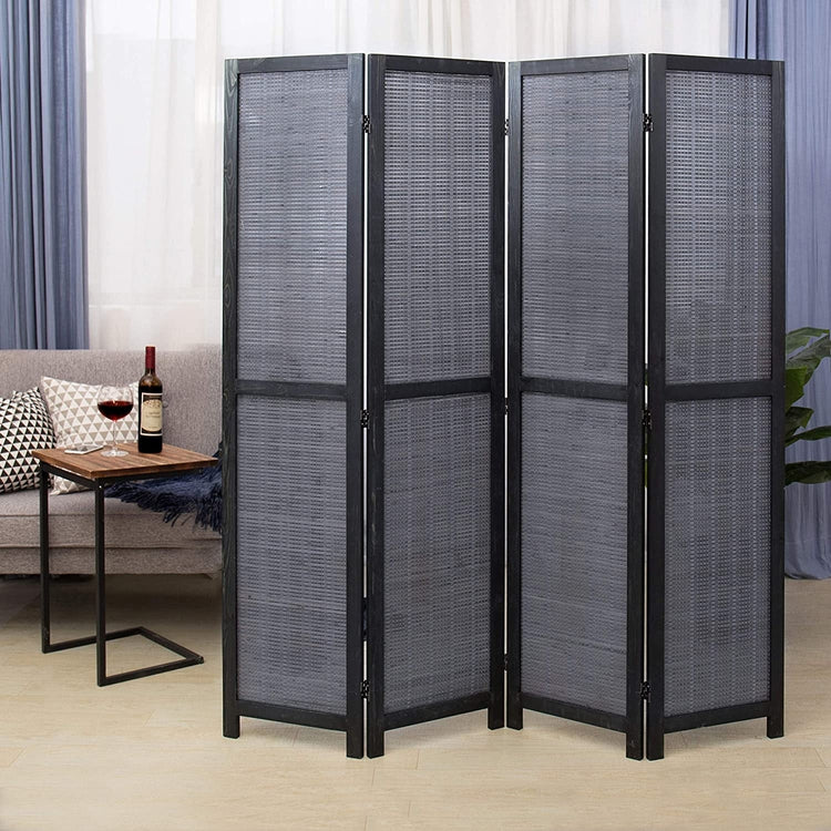 Gray 4-Panel Bamboo Woven Wood Room Divider with Dual-Action Hinges