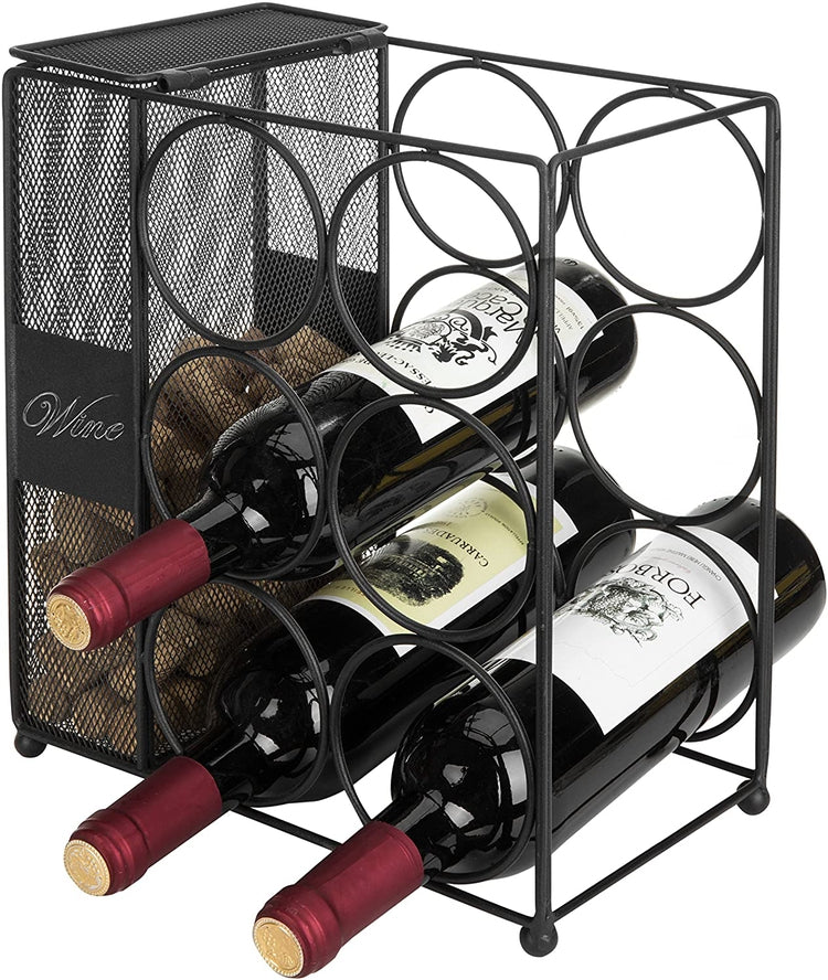 6-Bottle Black Wire Wine Rack with Mesh Cork Basket, Wine Bottle and Cork Holder w/ Chalkboard Labels-MyGift
