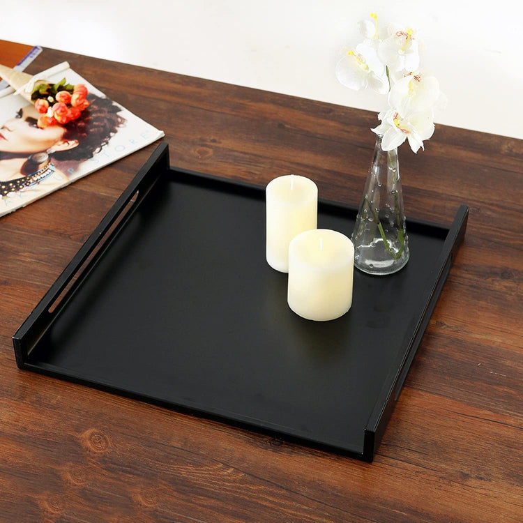 16 x 16, Square Matte Black Metal Serving Tray with Curved Cutout Handles-MyGift