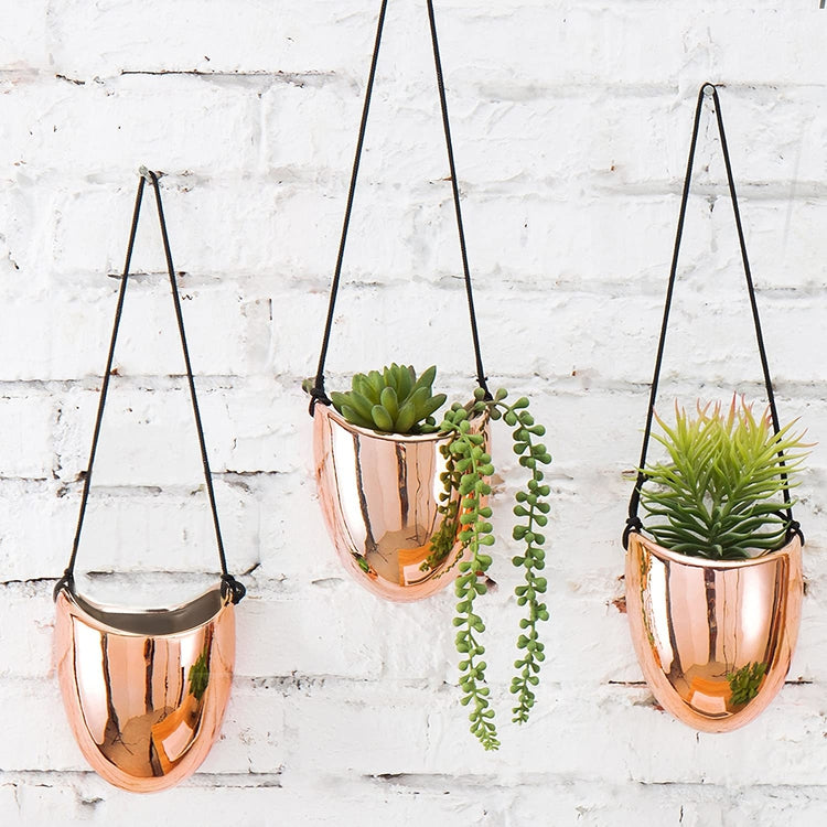 Set of 3 Metallic Rose Gold Ceramic Indoor Planter Pots-MyGift