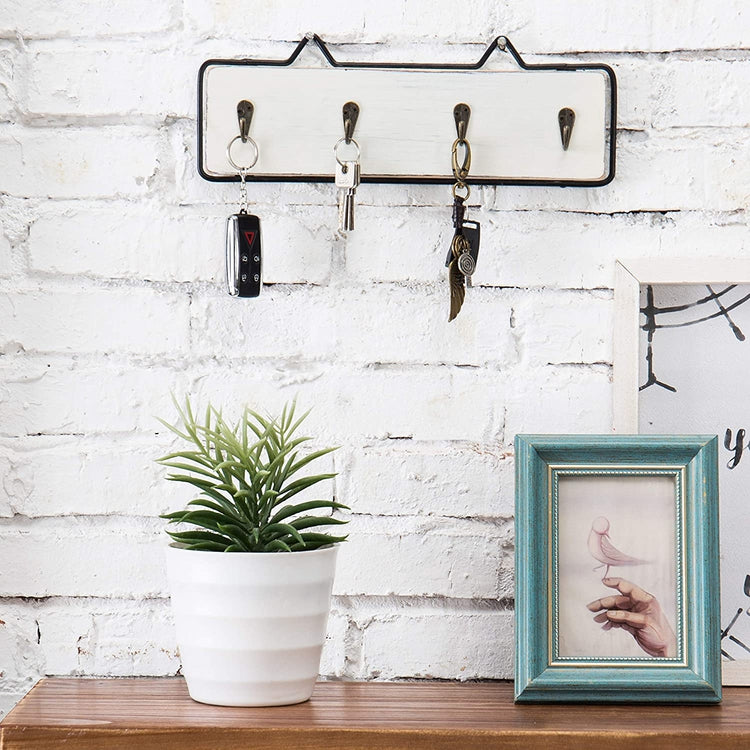 MyGift Wall Mounted Vintage White Wood Coat Rack and Key Holder Organizer with Black Metal Frame and 4 Hooks