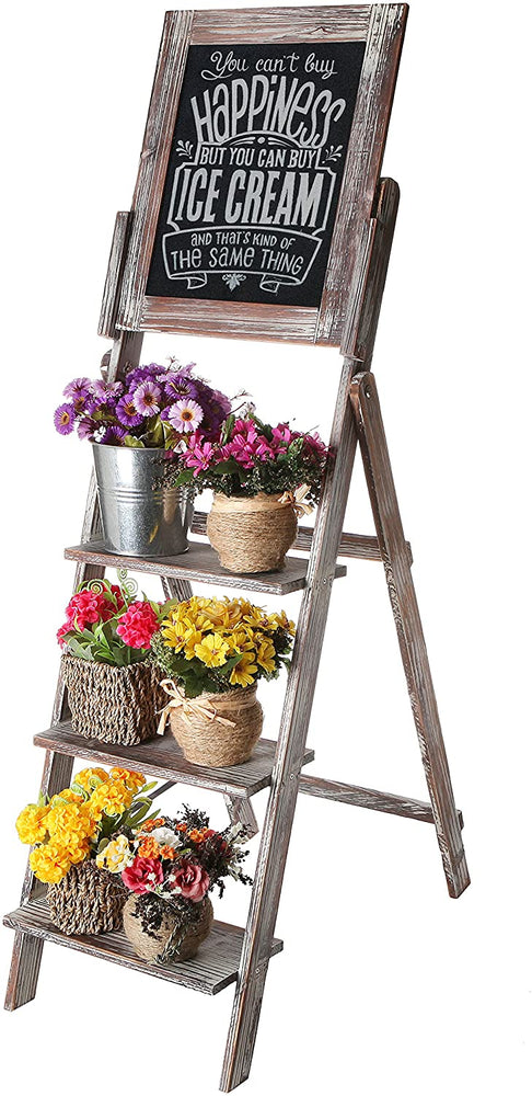 Decorative Torched Wood Easel Style Chalkboard Stand with 3 Tier Display Shelves-MyGift