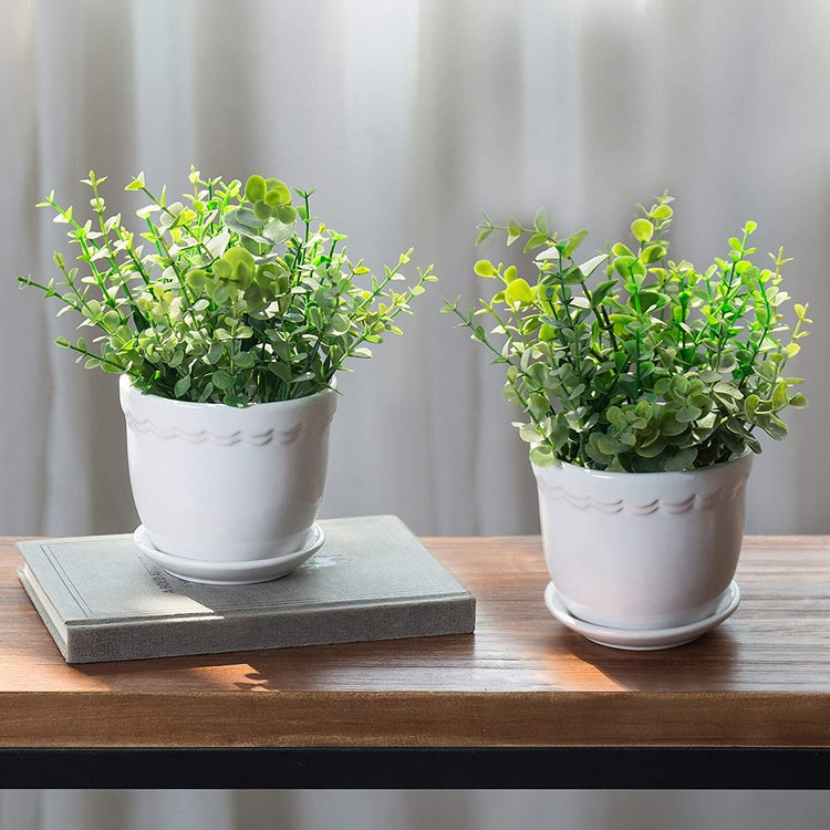 White Scallop Design 4 Inch Ceramic Planters with Removable Saucers, Set of 2