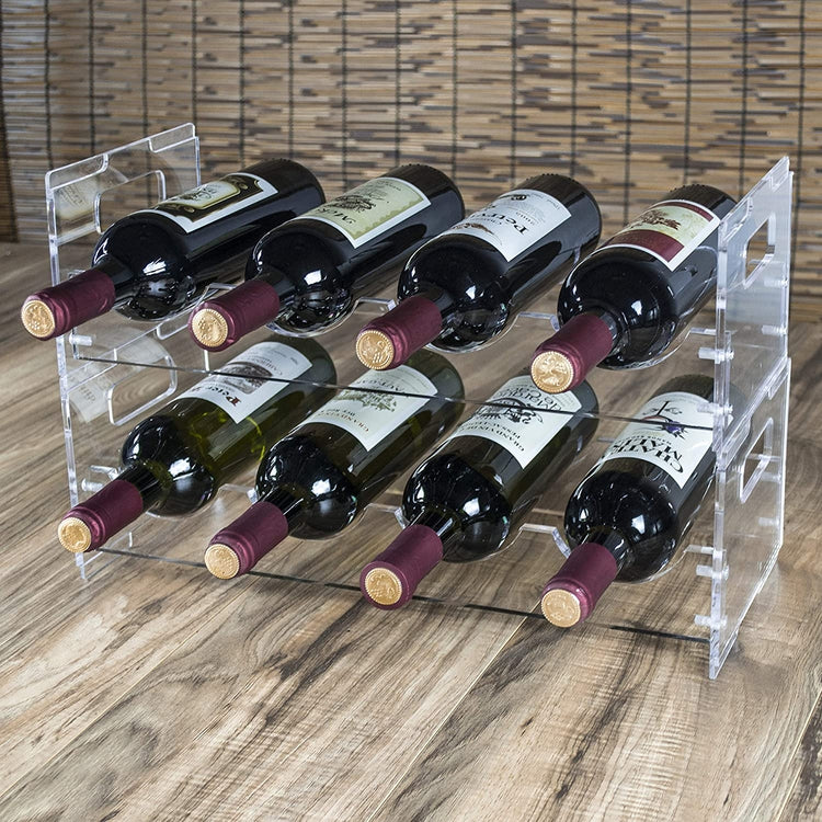 Modern Clear Acrylic Freestanding Stackable 8 Bottle Organizer Display Wine Rack, 2 Piece Set