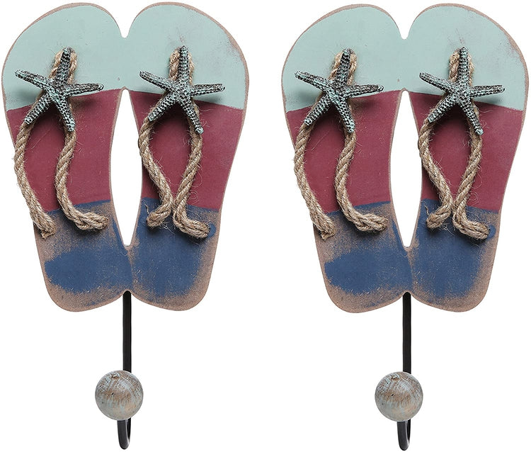 Nautical Flip Flop Sandal Entryway Wall Hanging Coat Hook and Towel Rack, Set of 2