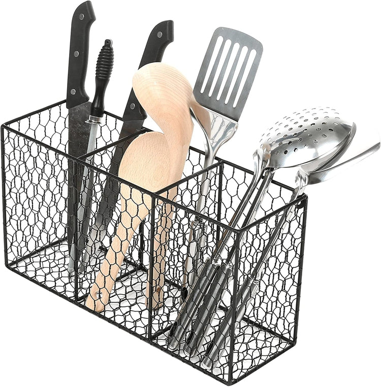 3 Compartment Black Rustic Chicken Wire Kitchen Utensil Holder Basket, Pantry Storage Rack-MyGift