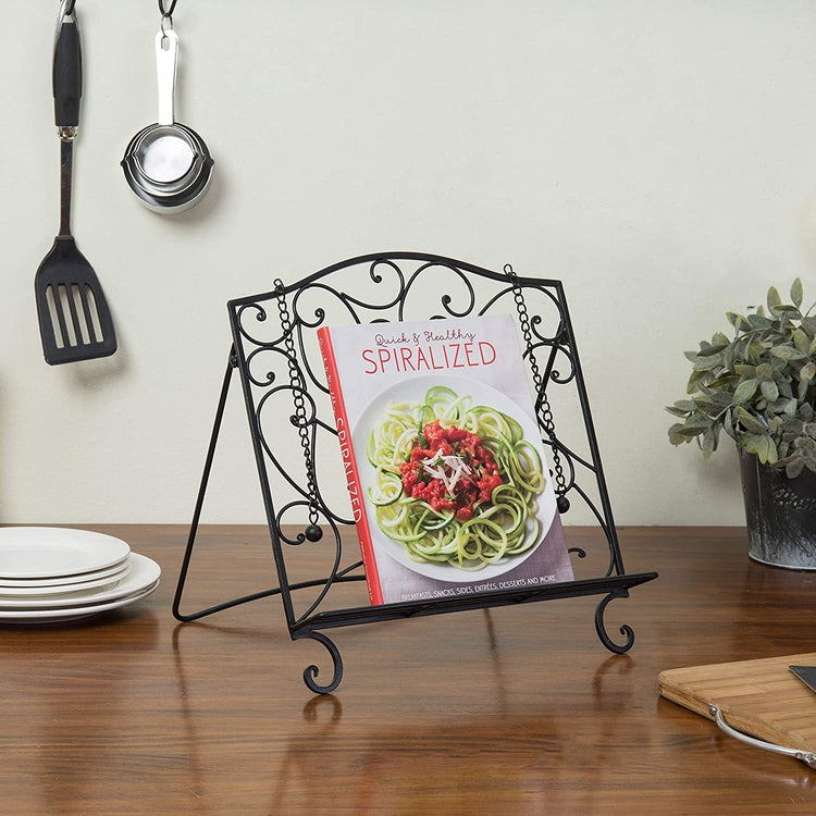 Black Metal Vintage Scrollwork Design Kitchen Cookbook Holder-MyGift