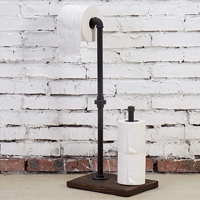 Black Metal Pipe and Burnt Wood Base Toilet Paper Dispenser with Reserve Storage Roll Holder, Holds 3 Rolls-MyGift