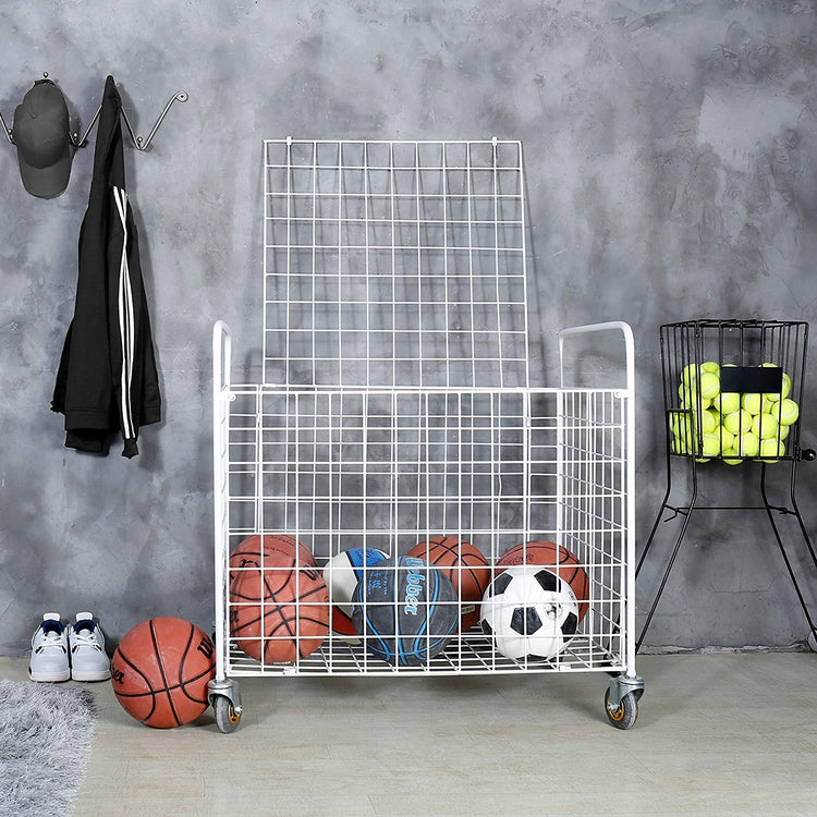 White Standard Multi Sports Rolling Ball Metal Storage Bin For Basketball, Football, Soccer Portable Equipment Cart-MyGift