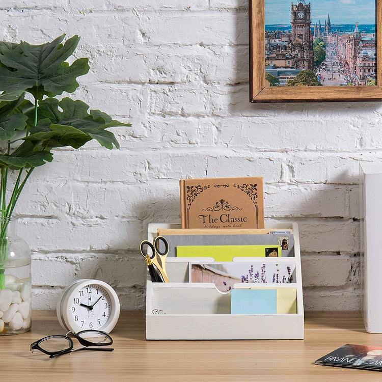 Rustic White Desktop Letter Tray - Shabby Chic Wooden Inbox Organizer With Metal Label Holder