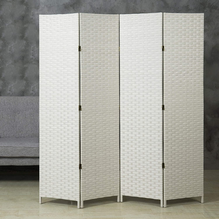 White Folding Wood Room Divider, Standing 4-Panel Woven Privacy Screen-MyGift